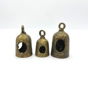 Vintage Etched Brass Hanging Bells Set of 3 Floral Pattern Rustic Decor